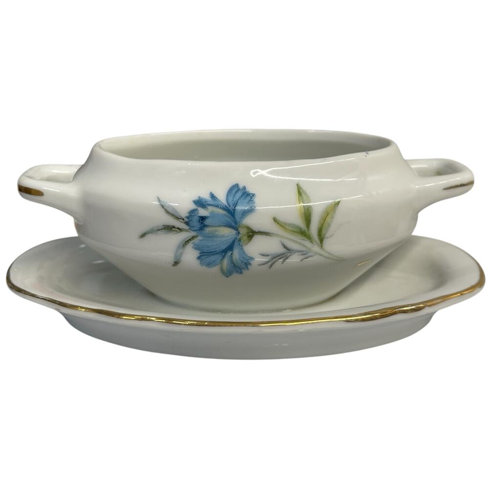 VTG Tilso Japan Mini Gravy Bowl Blue Flowers Gold Trim Attached Platter